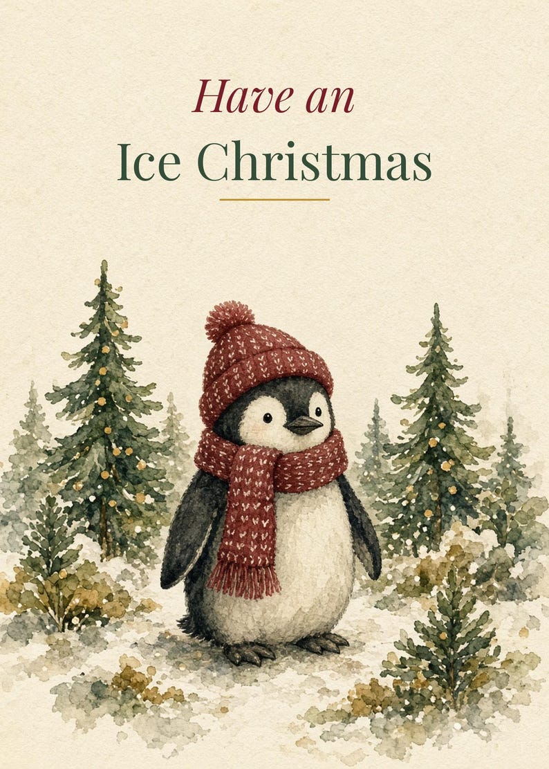Printable Penguin Christmas Card, Ice Pun, 5x7 image 2