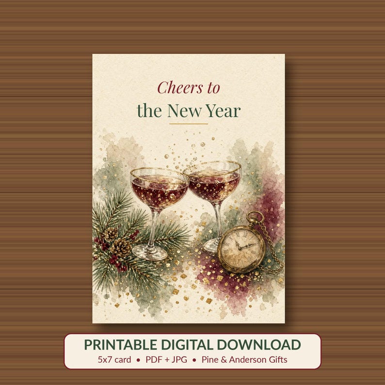Cheers to the New Year Printable Card, Champagne, 5x7 imagen 1