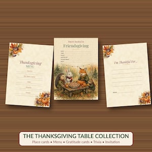May include: Three rectangular cards featuring autumn-themed illustrations. The left card is a Thanksgiving Menu, the center is a Friendsgiving invitation with a fox, rabbit, and hedgehog, and the right is an I'm Thankful For card.