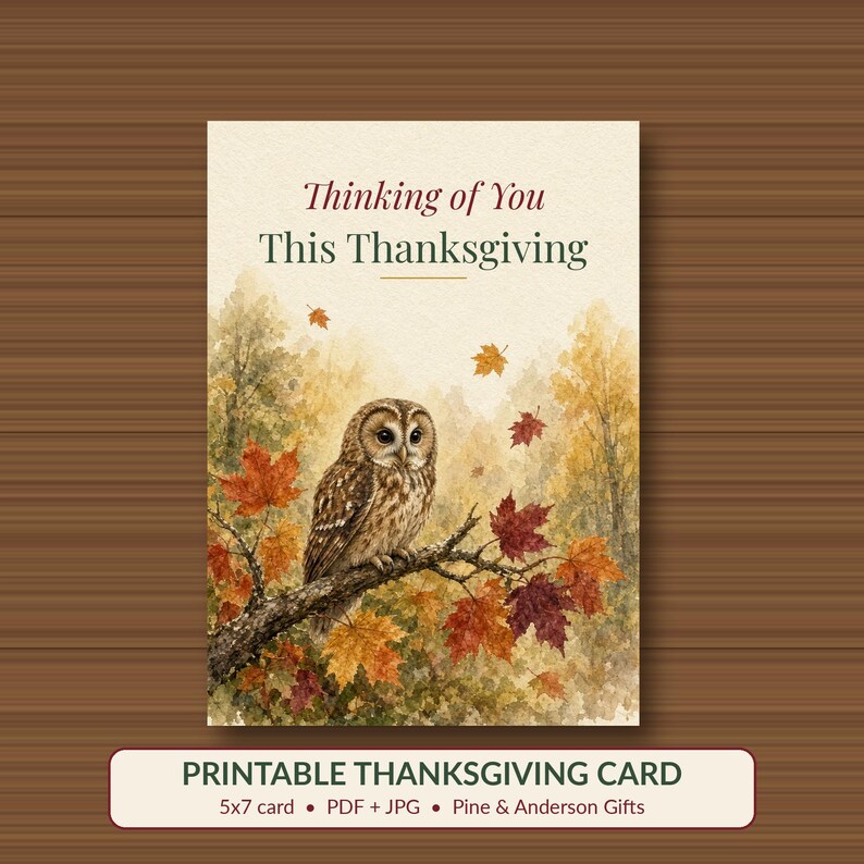 Thinking of You This Thanksgiving Card Printable, Owl Fall Sympathy Card, 5x7 image 1