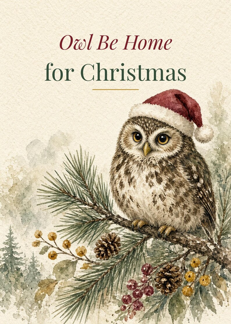 Owl Be Home for Christmas Printable Card, Owl Pun 5x7 image 2