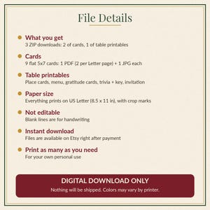 May include: A digital download information sheet titled File Details. It lists 3 ZIP downloads, 9 flat 5x7 inch cards, table printables, and US Letter 8.5x11 inch paper size. It notes files are not editable and for personal use.