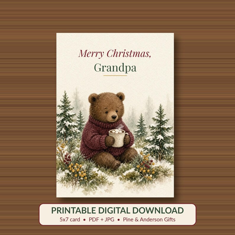 Printable Christmas Card for Grandpa, Cozy Bear, 5x7 imagen 1