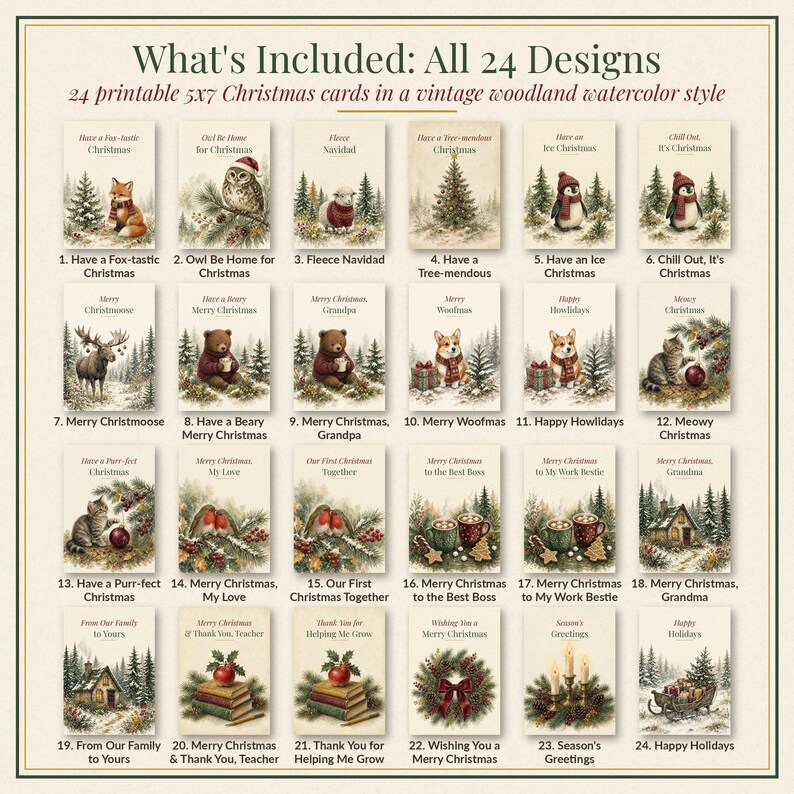 Printable Christmas Card Bundle, 24 Designs, 5x7 imagen 2
