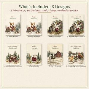 Pet Christmas Card Bundle Printable, 8 Dog, Cat & Farm Animal Pun Cards, Funny Pet Lover Holiday Cards, 5x7 Instant Download image 2