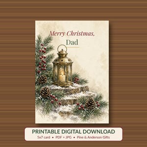 Printable Christmas Card for Dad, Rustic Lantern, 5x7 image 1