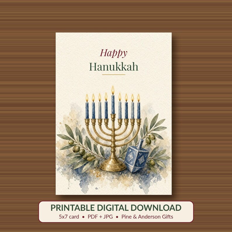 Printable Happy Hanukkah Card, Menorah and Dreidel, 5x7 imagen 1