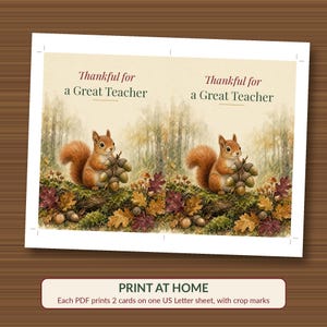 Teacher Thanksgiving Card Printable, Thankful for a Great Teacher, Squirrel 5x7 image 3