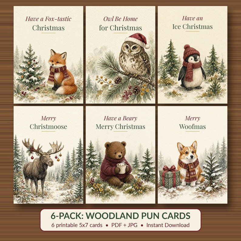 Puede incluir: Un juego de seis tarjetas de felicitaci&oacute;n navide&ntilde;as con animales del bosque en escenas invernales. Las tarjetas muestran un zorro, un b&uacute;ho, un ping&uuml;ino, un alce, un oso y un perro con los textos Have a Fox-tastic Christmas, Owl Be Home for Christmas, Have an Ice Christmas, Merry Christmoose, Have a Beary Merry Christmas y Merry Woofmas.