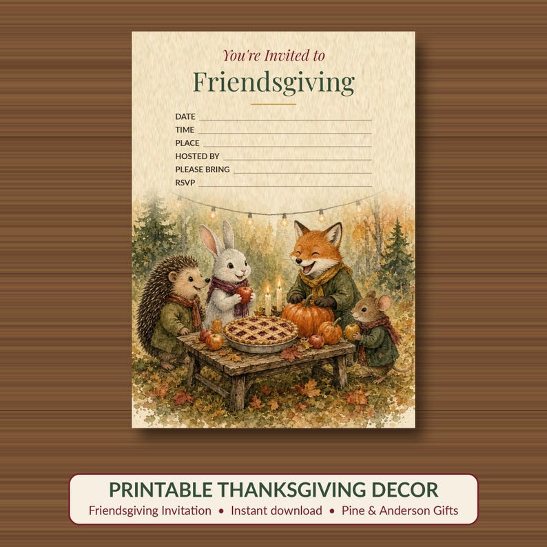 Friendsgiving Invitation Printable, Fill-In Fall Dinner Party Invite, Woodland 5x7 image 1