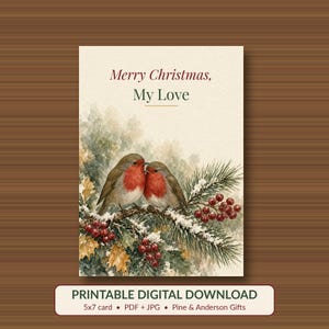 Printable Christmas Card for Husband or Wife, Robins, 5x7 imagen 1