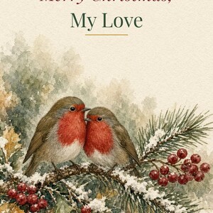 Printable Christmas Card for Husband or Wife, Robins, 5x7 imagen 2