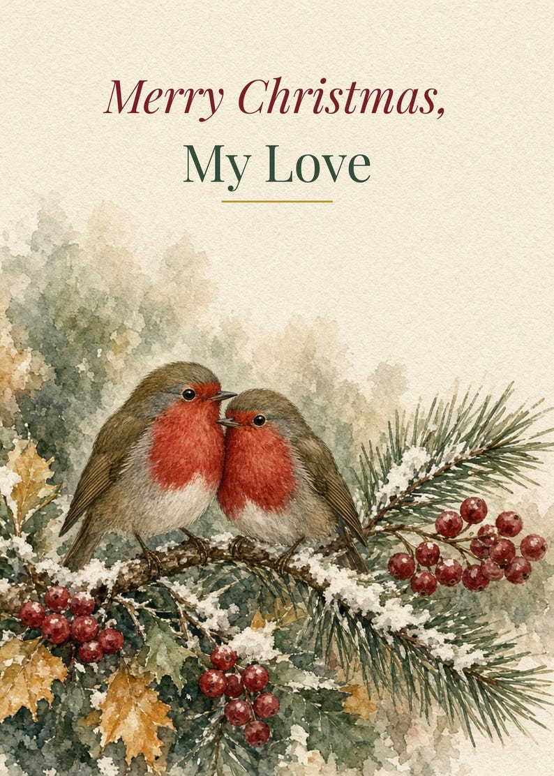 Printable Christmas Card for Husband or Wife, Robins, 5x7 imagen 2