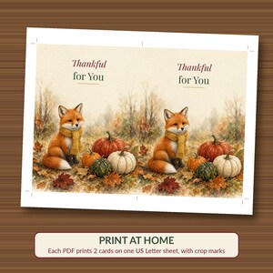 Thankful for You Card Printable, Fox Thanksgiving Card, Fall Watercolor 5x7 image 3