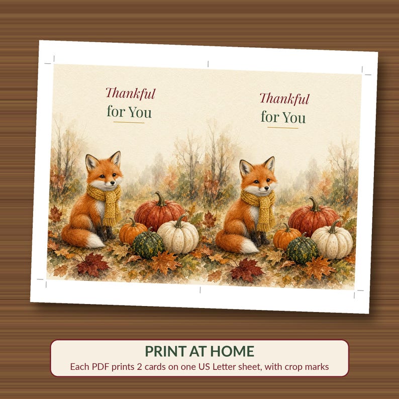 Thankful for You Card Printable, Fox Thanksgiving Card, Fall Watercolor 5x7 image 3
