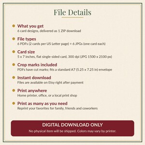 Puede incluir: Un gr&aacute;fico informativo titulado File Details que enumera las especificaciones de un producto digital. Incluye 6 dise&ntilde;os de tarjetas, formatos PDF y JPG, un tama&ntilde;o de 5x7 pulgadas, marcas de corte e instrucciones de impresi&oacute;n. Una franja roja indica DIGITAL DOWNLOAD ONLY.