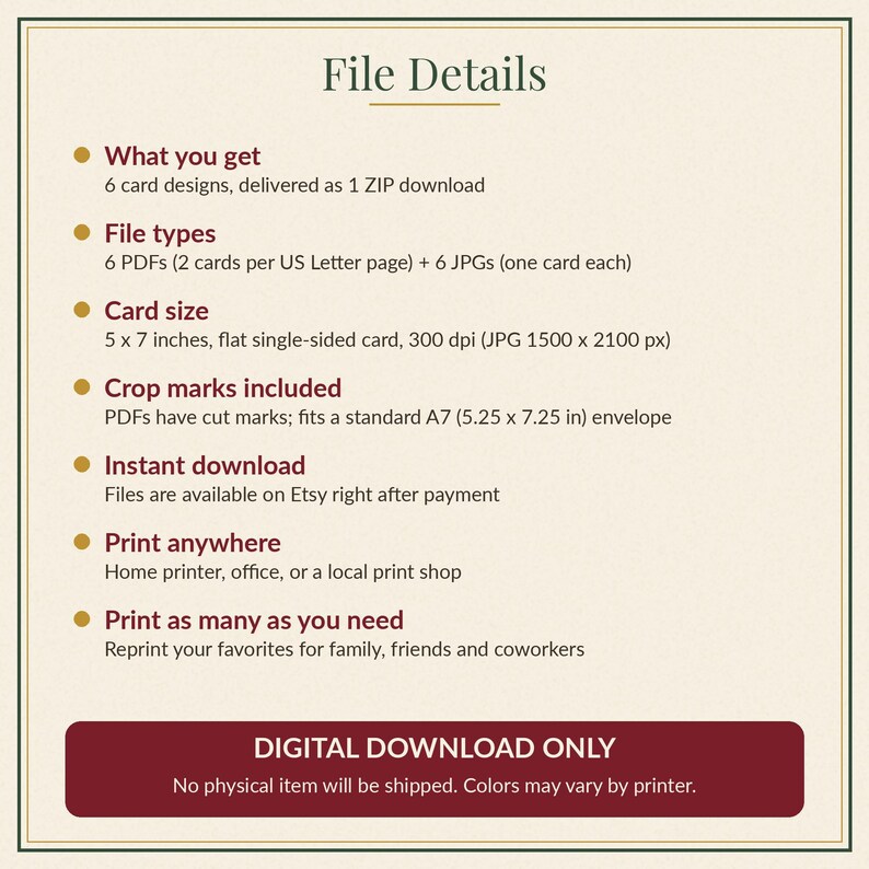 Puede incluir: Un gr&aacute;fico informativo titulado File Details que enumera las especificaciones de un producto digital. Incluye 6 dise&ntilde;os de tarjetas, formatos PDF y JPG, un tama&ntilde;o de 5x7 pulgadas, marcas de corte e instrucciones de impresi&oacute;n. Una franja roja indica DIGITAL DOWNLOAD ONLY.