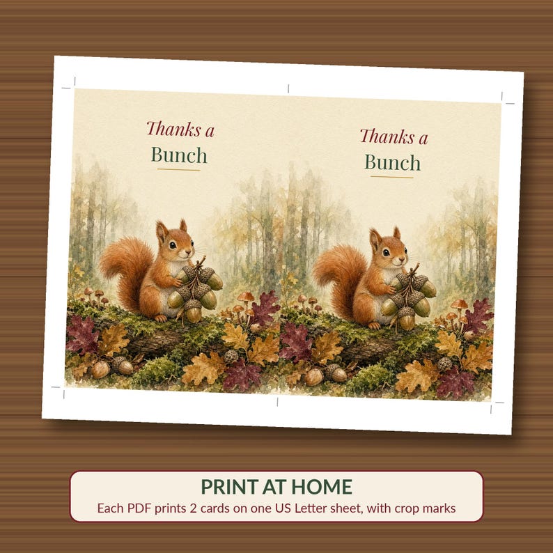 Thanks a Bunch Card Printable, Squirrel and Acorns Thank You Card, Fall Pun 5x7 image 3
