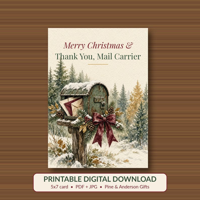 Printable Christmas Card for Mail Carrier, Thank You, 5x7 imagen 1