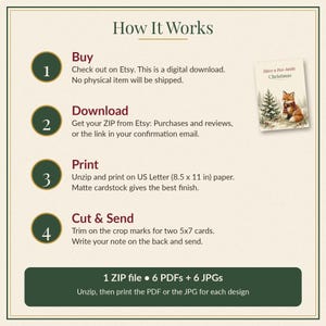 Puede incluir: Un gr&aacute;fico instructivo titulado How It Works que detalla cuatro pasos para una descarga digital: Buy, Download, Print y Cut & Send. Incluye una imagen de una tarjeta de Navidad con un zorro y el texto Have a Fox-tastic Christmas.