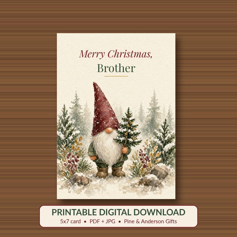 Printable Christmas Card for Brother, Gnome, 5x7 imagen 1
