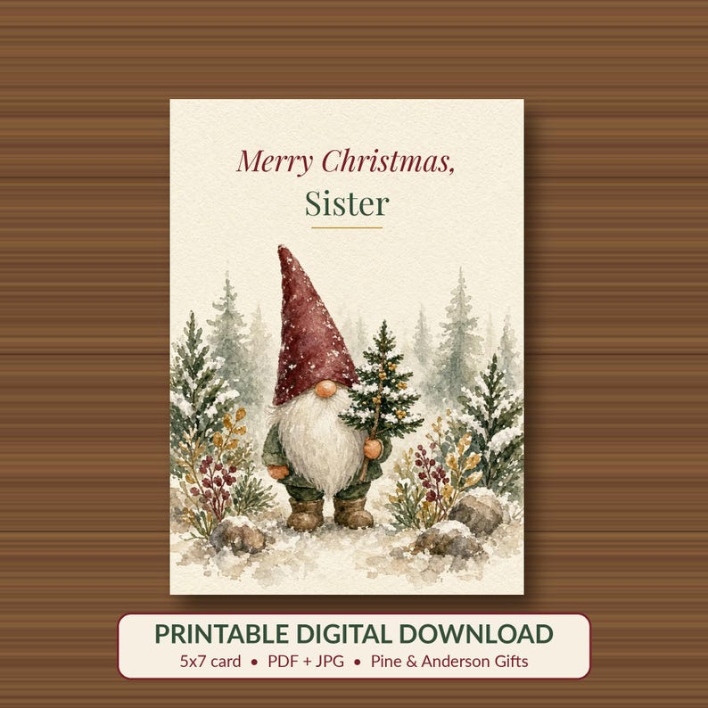 Printable Christmas Card for Sister, Cute Gnome, 5x7 imagen 1