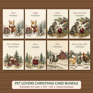 Pet Christmas Card Bundle Printable, 8 Dog, Cat & Farm Animal Pun Cards, Funny Pet Lover Holiday Cards, 5x7 Instant Download image 1
