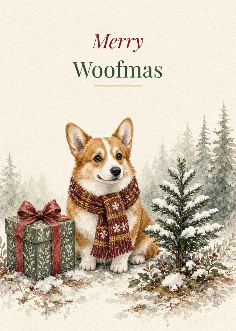 Printable Dog Christmas Card, Merry Woofmas Corgi, 5x7 imagen 2