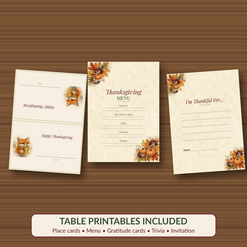 Thanksgiving Table Decor Printable Set, Place Cards, Menu, Gratitude Cards, Trivia, Invitation image 2