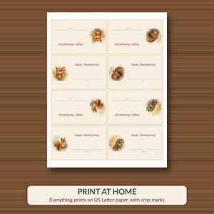 May include: A printable sheet of eight rectangular place cards on a white background, each featuring the text Happy Thanksgiving, a line for a name, and illustrations of a fox, turkey, squirrel, or owl with soft brown and orange tones.