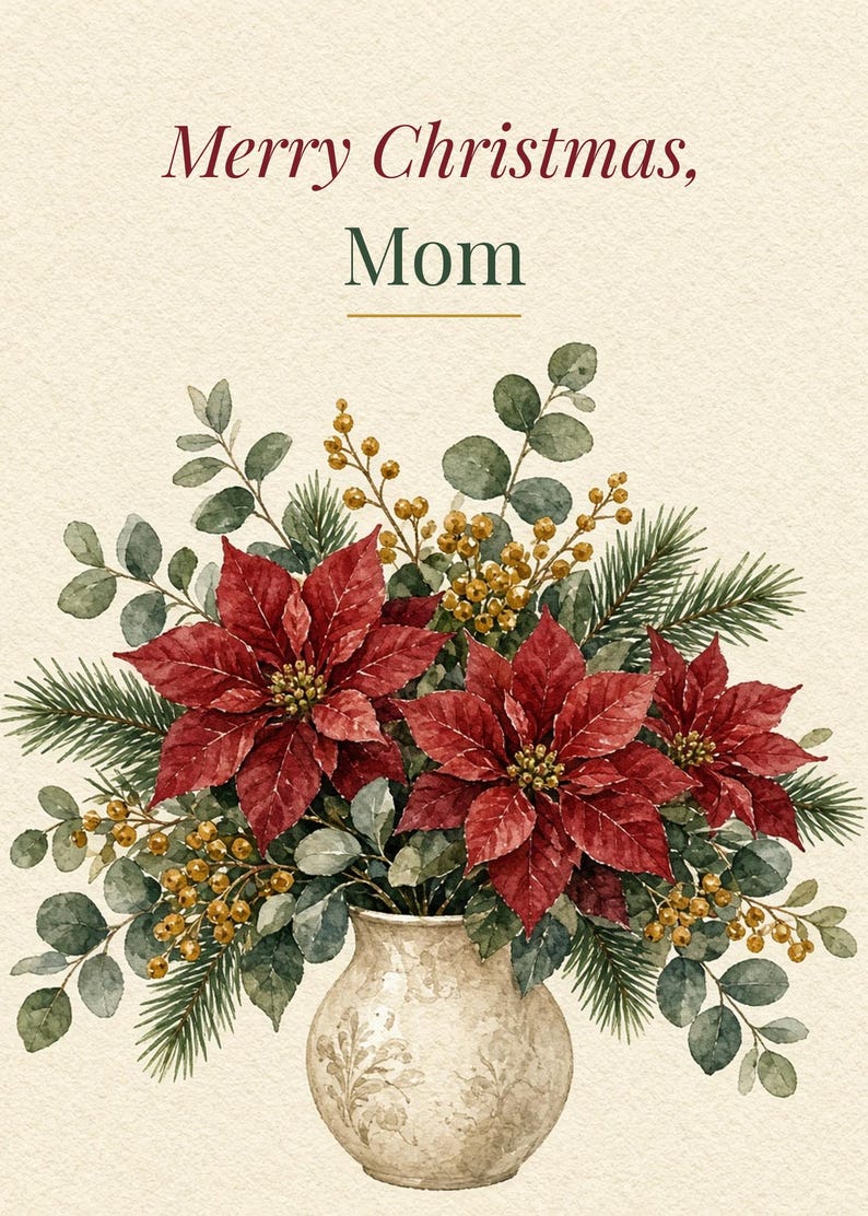 Printable Christmas Card for Mom, Poinsettia, 5x7 imagen 2