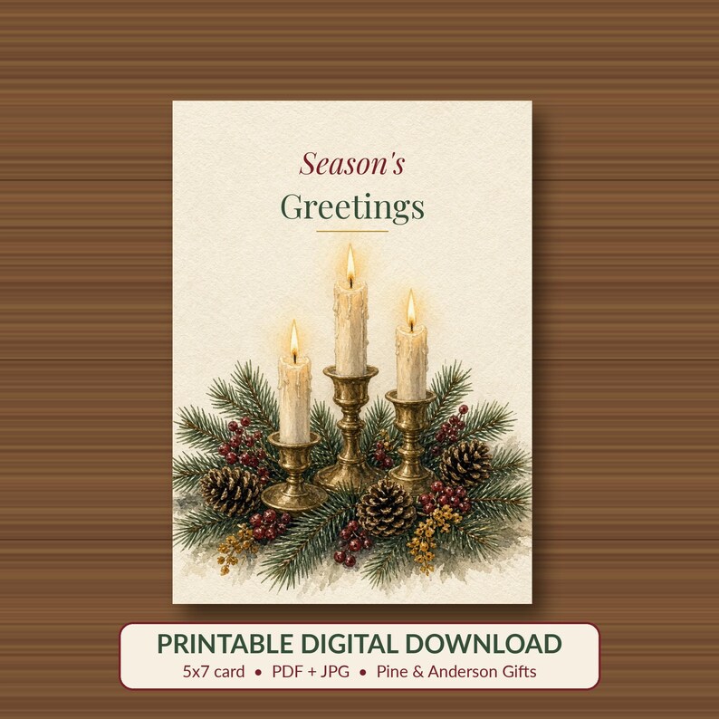 Op de afbeelding: Een printbare digitale wenskaart met de tekst Season's Greetings boven een illustratie van drie brandende kaarsen in koperen houders, omringd door dennentakken, dennenappels en rode bessen op een cr&egrave;mekleurige achtergrond.