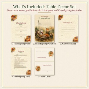 Thanksgiving Table Decor Printable Set, Place Cards, Menu, Gratitude Cards, Trivia, Invitation