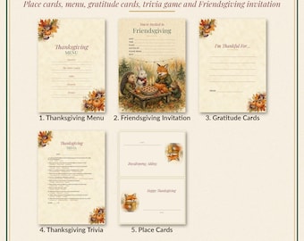 Thanksgiving Table Decor Printable Set, Place Cards, Menu, Gratitude Cards, Trivia, Invitation