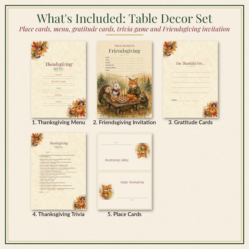 Thanksgiving Table Decor Printable Set, Place Cards, Menu, Gratitude Cards, Trivia, Invitation image 1