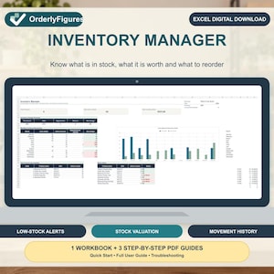 May include: A digital inventory manager Excel workbook displayed on a laptop screen. The interface includes tables, charts, and data fields for stock valuation, movement history, and low-stock alerts. Includes 1 workbook and 3 PDF guides.