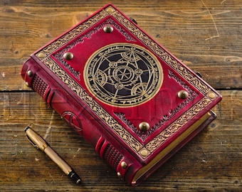 7.5" x 10" - Large Leather Alchemy Book - Medieval styled - Leather Journal ~ Alchemist book ~ Antiqued Journal - Red Leather