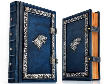 7.5" x 10.5" Stark Leather Journal - 300 pages - Medieval styled book - GoT journal - Unique sketchbook - Blue leather - OOAK