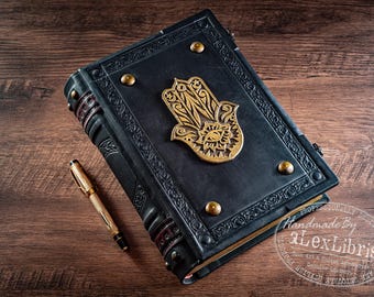 Hamsa Hand Black Leather Journal: 8" x 10" Large Book