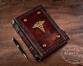 Handmade Caduceus Leather Journal: Embossed Antique Style, 8x10 Inches