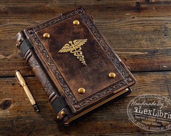 Handmade Caduceus Leather Journal: Embossed Antique Style, 8x10 Inches