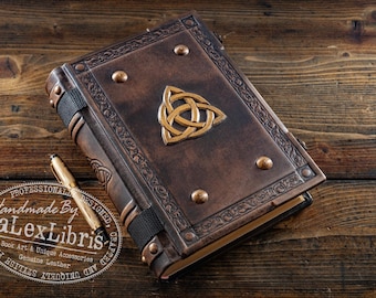 Triquetra Leather Journal: Large Antiqued Celtic Book, 500 Blank Pages