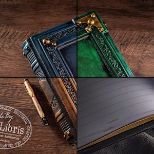 May include: A leather-bound journal featuring a blue and green cover with ornate embossed borders and brass corner accents. The journal is accompanied by a gold-toned fountain pen and contains lined pages with the text aLexLibris printed on them.