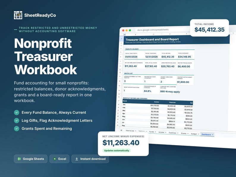 Nonprofit Spreadsheet Treasurer Workbook | Fund Accounting, Donation ...