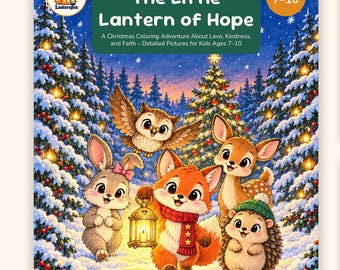 May include: A digital colouring storybook titled The Little Lantern of Hope featuring a fox, owl, rabbit, deer, and hedgehog in a snowy forest. Includes two black and white colouring pages, printable PDF format, and text for ages 7-10.