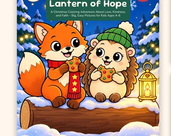May include: A Christmas colouring storybook titled The Little Lantern of Hope featuring a fox and hedgehog on a log. Includes two black and white colouring pages showing a fox in bed and a rabbit with a hedgehog. Text includes Ages 4-6 and Printable PDF.