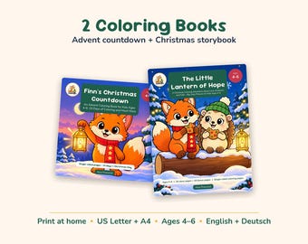 May include: Two colouring books titled Finn's Christmas Countdown and The Little Lantern of Hope. The covers feature cartoon animals, including a fox and a hedgehog, in a snowy setting with lanterns. Text includes ages 4-6 and book details.