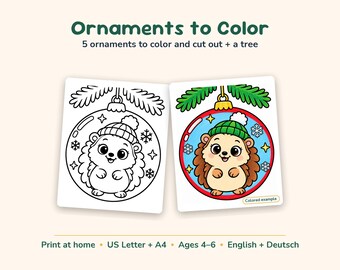 Color Your Own Christmas Ornaments Printable for Kids, 5 Big Ornament Coloring Pages + Tree to Decorate PDF, Craft Activity, A4 & Letter