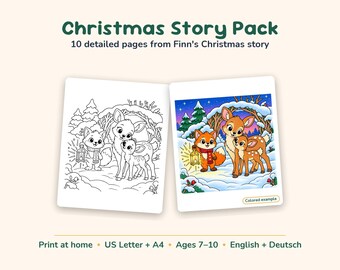 May include: A Christmas Story Pack featuring 10 detailed pages from Finn's Christmas story. The image displays two square sheets: one black and white line art colouring page and one full-colour example showing a fox and two deer in snow.