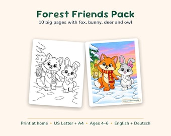 May include: Forest Friends Pack colouring pages featuring 10 big pages with a fox, bunny, deer, and owl. The image shows a black and white line art page next to a coloured example of a fox and bunny in the snow with a lantern.